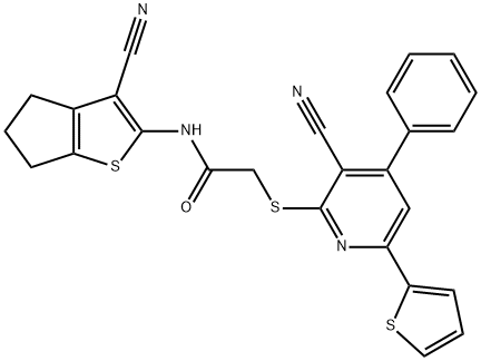 N-(3-cyano-5,6-dihydro-4H-cyclopenta[b]thien-2-yl)-2-{[3-cyano-4-phenyl-6-(2-thienyl)-2-pyridinyl]sulfanyl}acetamide Structure