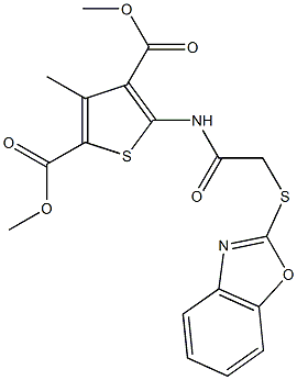 dimethyl 5-{[(1,3-benzoxazol-2-ylsulfanyl)acetyl]amino}-3-methyl-2,4-thiophenedicarboxylate 구조식 이미지