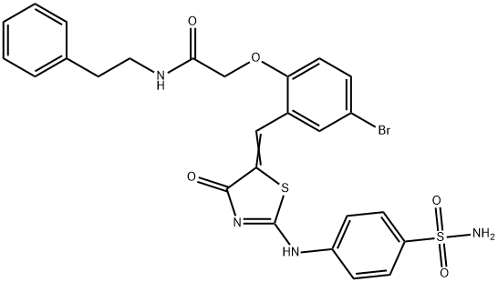 2-{2-[(2-{[4-(aminosulfonyl)phenyl]imino}-4-oxo-1,3-thiazolidin-5-ylidene)methyl]-4-bromophenoxy}-N-(2-phenylethyl)acetamide Structure