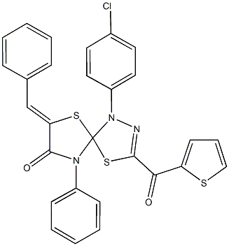 7-benzylidene-1-(4-chlorophenyl)-9-phenyl-3-(2-thienylcarbonyl)-4,6-dithia-1,2,9-triazaspiro[4.4]non-2-en-8-one Structure
