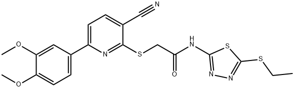 2-{[3-cyano-6-(3,4-dimethoxyphenyl)pyridin-2-yl]sulfanyl}-N-[5-(ethylsulfanyl)-1,3,4-thiadiazol-2-yl]acetamide 구조식 이미지