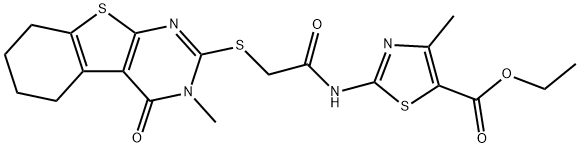 ethyl 4-methyl-2-({[(3-methyl-4-oxo-3,4,5,6,7,8-hexahydro[1]benzothieno[2,3-d]pyrimidin-2-yl)sulfanyl]acetyl}amino)-1,3-thiazole-5-carboxylate Structure