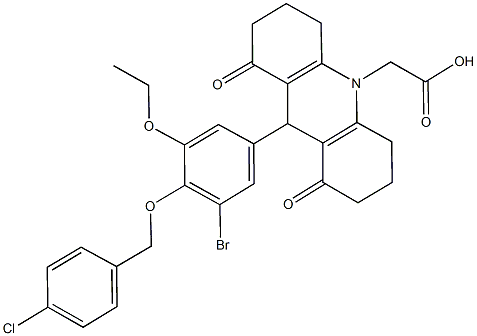 (9-{3-bromo-4-[(4-chlorobenzyl)oxy]-5-ethoxyphenyl}-1,8-dioxo-2,3,4,5,6,7,8,9-octahydro-10(1H)-acridinyl)acetic acid Structure