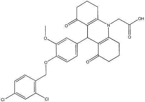 (9-{4-[(2,4-dichlorobenzyl)oxy]-3-methoxyphenyl}-1,8-dioxo-2,3,4,5,6,7,8,9-octahydro-10(1H)-acridinyl)acetic acid Structure