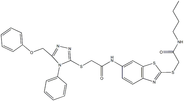 N-(2-{[2-(butylamino)-2-oxoethyl]sulfanyl}-1,3-benzothiazol-6-yl)-2-{[5-(phenoxymethyl)-4-phenyl-4H-1,2,4-triazol-3-yl]sulfanyl}acetamide 구조식 이미지