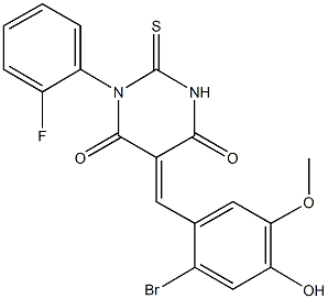 5-(2-bromo-4-hydroxy-5-methoxybenzylidene)-1-(2-fluorophenyl)-2-thioxodihydro-4,6(1H,5H)-pyrimidinedione 구조식 이미지