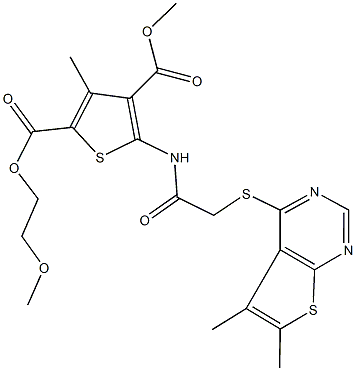 2-(2-methoxyethyl) 4-methyl 5-({[(5,6-dimethylthieno[2,3-d]pyrimidin-4-yl)sulfanyl]acetyl}amino)-3-methyl-2,4-thiophenedicarboxylate Structure