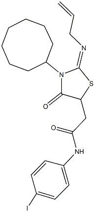 2-[2-(allylimino)-3-cyclooctyl-4-oxo-1,3-thiazolidin-5-yl]-N-(4-iodophenyl)acetamide 구조식 이미지
