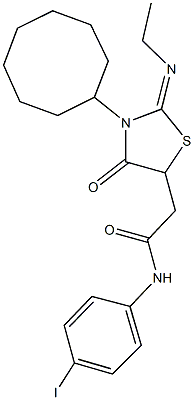 2-[3-cyclooctyl-2-(ethylimino)-4-oxo-1,3-thiazolidin-5-yl]-N-(4-iodophenyl)acetamide 구조식 이미지