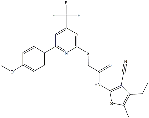 N-(3-cyano-4-ethyl-5-methyl-2-thienyl)-2-{[4-(4-methoxyphenyl)-6-(trifluoromethyl)-2-pyrimidinyl]sulfanyl}acetamide 구조식 이미지