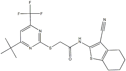 2-{[4-tert-butyl-6-(trifluoromethyl)-2-pyrimidinyl]sulfanyl}-N-(3-cyano-4,5,6,7-tetrahydro-1-benzothien-2-yl)acetamide 구조식 이미지
