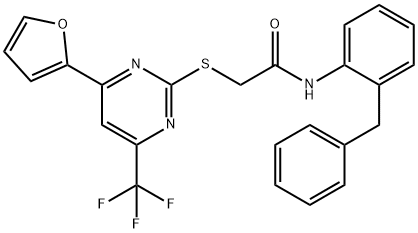 N-(2-benzylphenyl)-2-{[4-(2-furyl)-6-(trifluoromethyl)-2-pyrimidinyl]sulfanyl}acetamide Structure