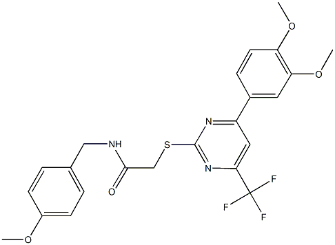 2-{[4-(3,4-dimethoxyphenyl)-6-(trifluoromethyl)-2-pyrimidinyl]sulfanyl}-N-(4-methoxybenzyl)acetamide 구조식 이미지