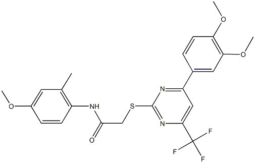 2-{[4-(3,4-dimethoxyphenyl)-6-(trifluoromethyl)-2-pyrimidinyl]sulfanyl}-N-(4-methoxy-2-methylphenyl)acetamide 구조식 이미지