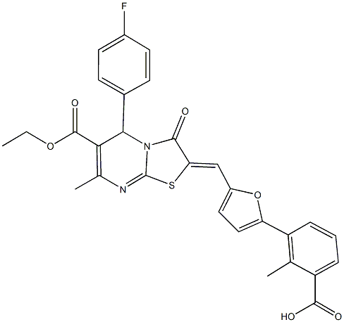 3-{5-[(6-(ethoxycarbonyl)-5-(4-fluorophenyl)-7-methyl-3-oxo-5H-[1,3]thiazolo[3,2-a]pyrimidin-2(3H)-ylidene)methyl]-2-furyl}-2-methylbenzoic acid Structure