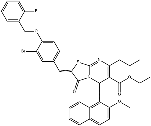 ethyl 2-{3-bromo-4-[(2-fluorobenzyl)oxy]benzylidene}-5-(2-methoxy-1-naphthyl)-3-oxo-7-propyl-2,3-dihydro-5H-[1,3]thiazolo[3,2-a]pyrimidine-6-carboxylate Structure