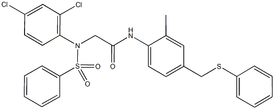 2-[2,4-dichloro(phenylsulfonyl)anilino]-N-{2-methyl-4-[(phenylsulfanyl)methyl]phenyl}acetamide Structure