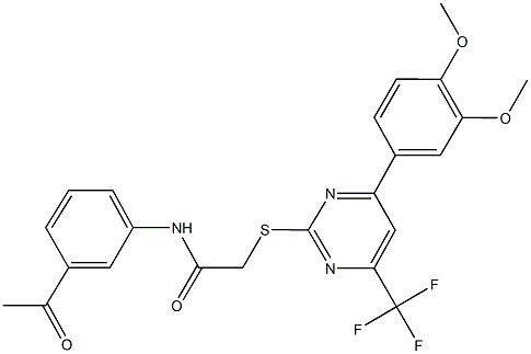 N-(3-acetylphenyl)-2-{[4-(3,4-dimethoxyphenyl)-6-(trifluoromethyl)-2-pyrimidinyl]sulfanyl}acetamide 구조식 이미지
