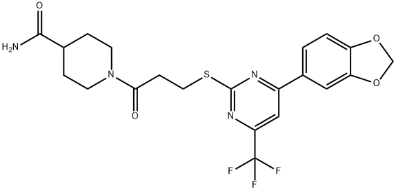 1-(3-{[4-(1,3-benzodioxol-5-yl)-6-(trifluoromethyl)-2-pyrimidinyl]sulfanyl}propanoyl)-4-piperidinecarboxamide Structure