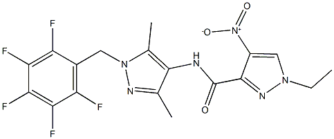 N-[3,5-dimethyl-1-(2,3,4,5,6-pentafluorobenzyl)-1H-pyrazol-4-yl]-1-ethyl-4-nitro-1H-pyrazole-3-carboxamide 구조식 이미지