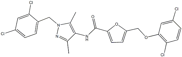 N-[1-(2,4-dichlorobenzyl)-3,5-dimethyl-1H-pyrazol-4-yl]-5-[(2,5-dichlorophenoxy)methyl]-2-furamide 구조식 이미지