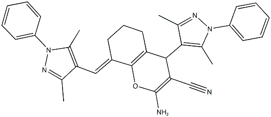 2-amino-4-(3,5-dimethyl-1-phenyl-1H-pyrazol-4-yl)-8-[(3,5-dimethyl-1-phenyl-1H-pyrazol-4-yl)methylene]-5,6,7,8-tetrahydro-4H-chromene-3-carbonitrile Structure