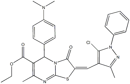 ethyl 2-[(5-chloro-3-methyl-1-phenyl-1H-pyrazol-4-yl)methylene]-5-[4-(dimethylamino)phenyl]-7-methyl-3-oxo-2,3-dihydro-5H-[1,3]thiazolo[3,2-a]pyrimidine-6-carboxylate 구조식 이미지