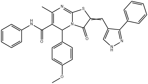 5-(4-methoxyphenyl)-7-methyl-3-oxo-N-phenyl-2-[(3-phenyl-1H-pyrazol-4-yl)methylene]-2,3-dihydro-5H-[1,3]thiazolo[3,2-a]pyrimidine-6-carboxamide 구조식 이미지