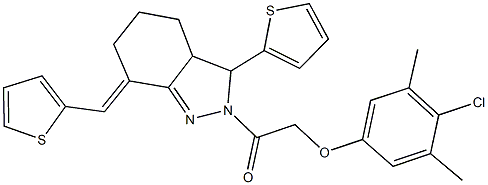 4-chloro-3,5-dimethylphenyl 2-oxo-2-[3-(2-thienyl)-7-(2-thienylmethylene)-3,3a,4,5,6,7-hexahydro-2H-indazol-2-yl]ethyl ether Structure