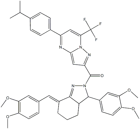 2-{[7-(3,4-dimethoxybenzylidene)-3-(3,4-dimethoxyphenyl)-3,3a,4,5,6,7-hexahydro-2H-indazol-2-yl]carbonyl}-5-(4-isopropylphenyl)-7-(trifluoromethyl)pyrazolo[1,5-a]pyrimidine 구조식 이미지