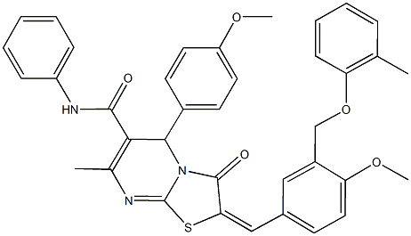 2-{4-methoxy-3-[(2-methylphenoxy)methyl]benzylidene}-5-(4-methoxyphenyl)-7-methyl-3-oxo-N-phenyl-2,3-dihydro-5H-[1,3]thiazolo[3,2-a]pyrimidine-6-carboxamide 구조식 이미지