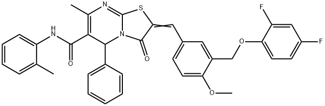 2-{3-[(2,4-difluorophenoxy)methyl]-4-methoxybenzylidene}-7-methyl-N-(2-methylphenyl)-3-oxo-5-phenyl-2,3-dihydro-5H-[1,3]thiazolo[3,2-a]pyrimidine-6-carboxamide 구조식 이미지