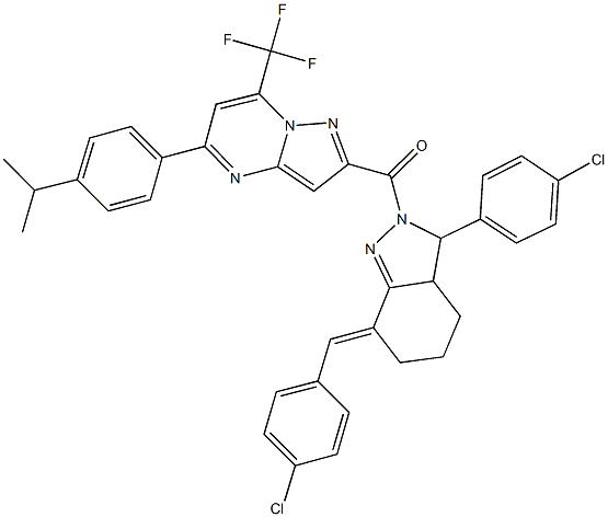 2-{[7-(4-chlorobenzylidene)-3-(4-chlorophenyl)-3,3a,4,5,6,7-hexahydro-2H-indazol-2-yl]carbonyl}-5-(4-isopropylphenyl)-7-(trifluoromethyl)pyrazolo[1,5-a]pyrimidine Structure