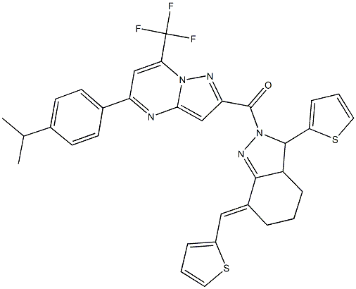 5-(4-isopropylphenyl)-2-{[3-(2-thienyl)-7-(2-thienylmethylene)-3,3a,4,5,6,7-hexahydro-2H-indazol-2-yl]carbonyl}-7-(trifluoromethyl)pyrazolo[1,5-a]pyrimidine 구조식 이미지