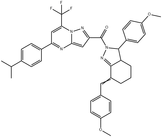 5-(4-isopropylphenyl)-2-{[7-(4-methoxybenzylidene)-3-(4-methoxyphenyl)-3,3a,4,5,6,7-hexahydro-2H-indazol-2-yl]carbonyl}-7-(trifluoromethyl)pyrazolo[1,5-a]pyrimidine 구조식 이미지