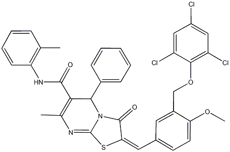 2-{4-methoxy-3-[(2,4,6-trichlorophenoxy)methyl]benzylidene}-7-methyl-N-(2-methylphenyl)-3-oxo-5-phenyl-2,3-dihydro-5H-[1,3]thiazolo[3,2-a]pyrimidine-6-carboxamide 구조식 이미지