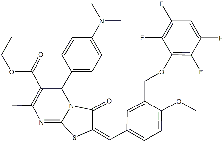 ethyl 5-[4-(dimethylamino)phenyl]-2-{4-methoxy-3-[(2,3,5,6-tetrafluorophenoxy)methyl]benzylidene}-7-methyl-3-oxo-2,3-dihydro-5H-[1,3]thiazolo[3,2-a]pyrimidine-6-carboxylate 구조식 이미지