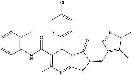 5-(4-chlorophenyl)-2-[(1,5-dimethyl-1H-pyrazol-4-yl)methylene]-7-methyl-N-(2-methylphenyl)-3-oxo-2,3-dihydro-5H-[1,3]thiazolo[3,2-a]pyrimidine-6-carboxamide 구조식 이미지