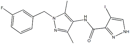 N-[1-(3-fluorobenzyl)-3,5-dimethyl-1H-pyrazol-4-yl]-4-iodo-1H-pyrazole-3-carboxamide 구조식 이미지