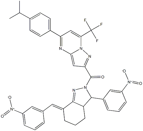 2-[(7-{3-nitrobenzylidene}-3-{3-nitrophenyl}-3,3a,4,5,6,7-hexahydro-2H-indazol-2-yl)carbonyl]-5-(4-isopropylphenyl)-7-(trifluoromethyl)pyrazolo[1,5-a]pyrimidine 구조식 이미지