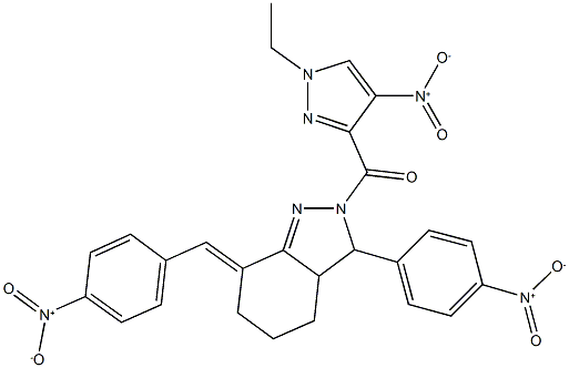 2-({1-ethyl-4-nitro-1H-pyrazol-3-yl}carbonyl)-7-{4-nitrobenzylidene}-3-{4-nitrophenyl}-3,3a,4,5,6,7-hexahydro-2H-indazole 구조식 이미지
