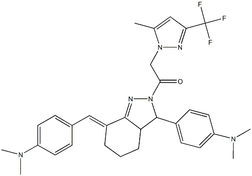 N-[4-(7-[4-(dimethylamino)benzylidene]-2-{[5-methyl-3-(trifluoromethyl)-1H-pyrazol-1-yl]acetyl}-3,3a,4,5,6,7-hexahydro-2H-indazol-3-yl)phenyl]-N,N-dimethylamine 구조식 이미지