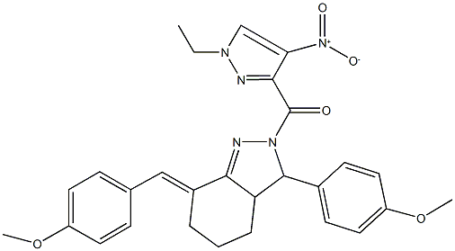 2-({1-ethyl-4-nitro-1H-pyrazol-3-yl}carbonyl)-7-(4-methoxybenzylidene)-3-(4-methoxyphenyl)-3,3a,4,5,6,7-hexahydro-2H-indazole 구조식 이미지