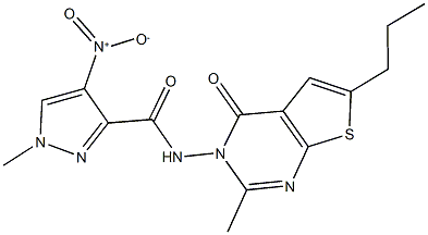 4-nitro-1-methyl-N-(2-methyl-4-oxo-6-propylthieno[2,3-d]pyrimidin-3(4H)-yl)-1H-pyrazole-3-carboxamide 구조식 이미지