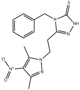 4-benzyl-3-(2-{4-nitro-3,5-dimethyl-1H-pyrazol-1-yl}ethyl)-5-sulfanyl-4H-1,2,4-triazole 구조식 이미지