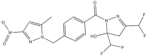 3,5-bis(difluoromethyl)-1-[4-({3-nitro-5-methyl-1H-pyrazol-1-yl}methyl)benzoyl]-4,5-dihydro-1H-pyrazol-5-ol 구조식 이미지