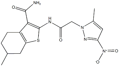 2-[({3-nitro-5-methyl-1H-pyrazol-1-yl}acetyl)amino]-6-methyl-4,5,6,7-tetrahydro-1-benzothiophene-3-carboxamide 구조식 이미지