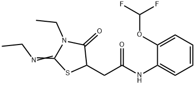 N-[2-(difluoromethoxy)phenyl]-2-[3-ethyl-2-(ethylimino)-4-oxo-1,3-thiazolidin-5-yl]acetamide 구조식 이미지