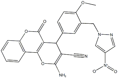 2-amino-4-[3-({4-nitro-1H-pyrazol-1-yl}methyl)-4-methoxyphenyl]-5-oxo-4H,5H-pyrano[3,2-c]chromene-3-carbonitrile Structure