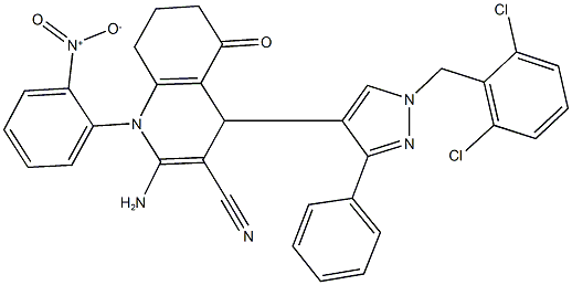 2-amino-4-[1-(2,6-dichlorobenzyl)-3-phenyl-1H-pyrazol-4-yl]-1-{2-nitrophenyl}-5-oxo-1,4,5,6,7,8-hexahydro-3-quinolinecarbonitrile 구조식 이미지